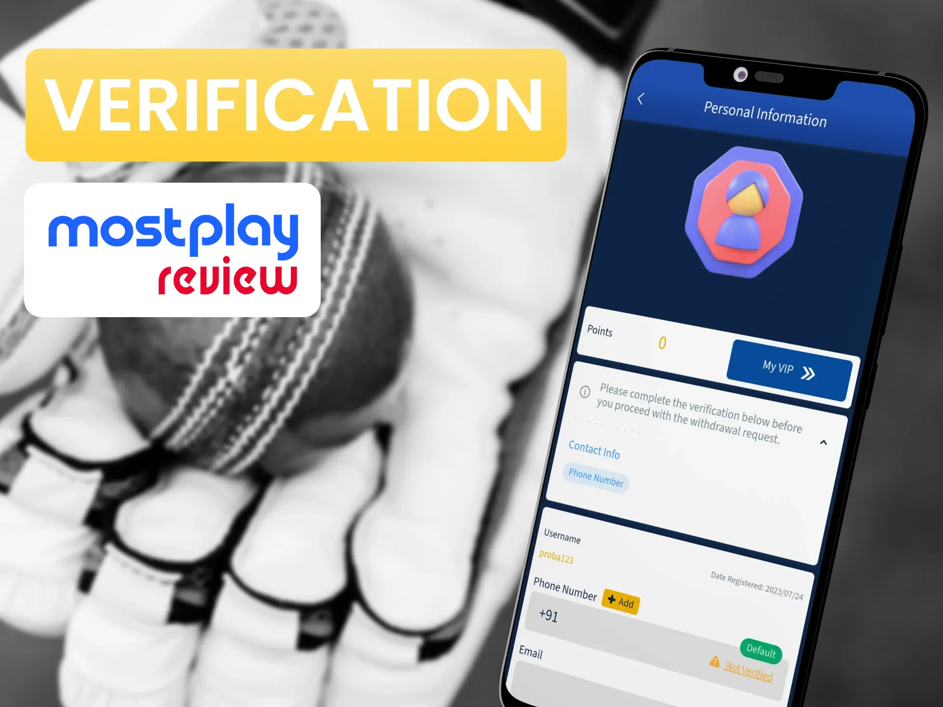 Verify your Mostplay account by providing personal information.